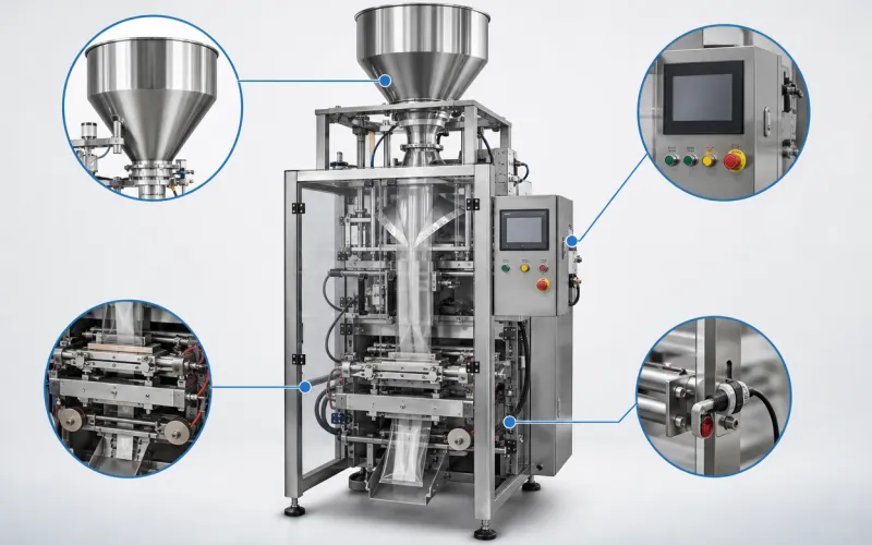 Các bộ phận chính: phễu cấp liệu, hệ thống hàn cắt, bộ điều khiển, cảm biến