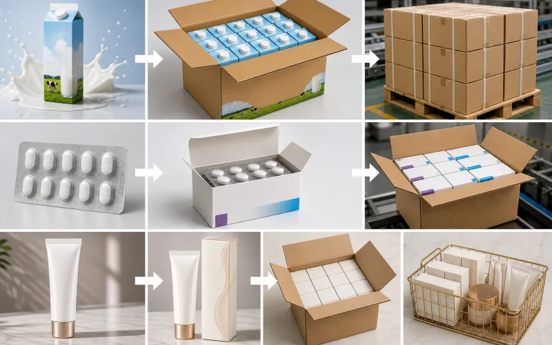 Minh họa cụ thể bao bì sơ cấp, thứ cấp trong các ngành tiêu biểu (thực phẩm, dược phẩm, mỹ phẩm,…)